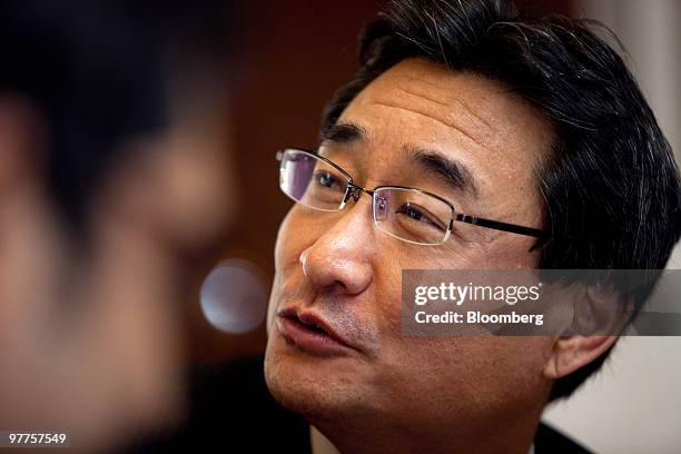 Kiminobu Tokuyama, chief executive officer and managing director of Nissan Motor India pvt ltd., speaks to the media prior to a news conference in...