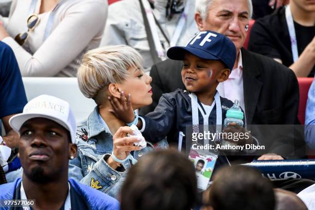 Isabelle Matuidi and his son, wife of Blaise Matuidi during the 2018 FIFA World Cup Russia group C match between France and Australia at Kazan Arena...