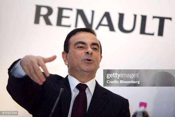 Carlos Ghosn, chief executive officer of Renault SA, speaks at a news conference in Chennai, India, on Tuesday, March 16, 2010. Ghosn, Renault SA's...