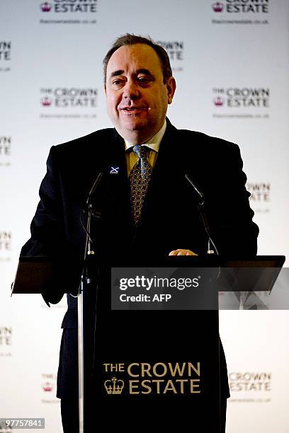 Scottish premier Alex Salmond addresses a press conference in Edinburgh, on March 16, 2010 to announce the world's first commercial wave and tidal...