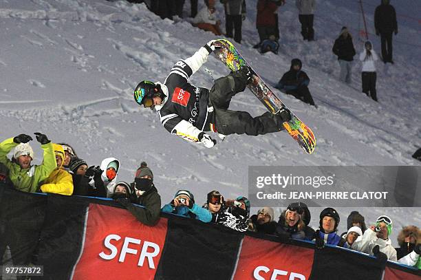 Louie Vito of the USA competes in the Men's Freestyle Snowboard superpipe, during the European stage of the Winter X-Games, on March 12 in the sky...