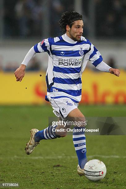 Olcay Sahan of Duisburg runs with the ball during the second Bundesliga match between MSV Duisburg and 1860 Muenchen at the MSV Arena on March 15,...