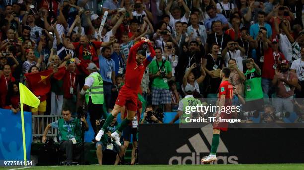 Cristiano Ronaldo of Portugal celebrates after scoring his team's first goal during the 2018 FIFA World Cup Russia group B match between Portugal and...