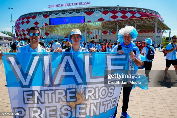 Fans of Argentina pose outside the stadium prior to the 2018 FIFA World Cup Russia group D match between Argentina and Iceland at Spartak Stadium on...