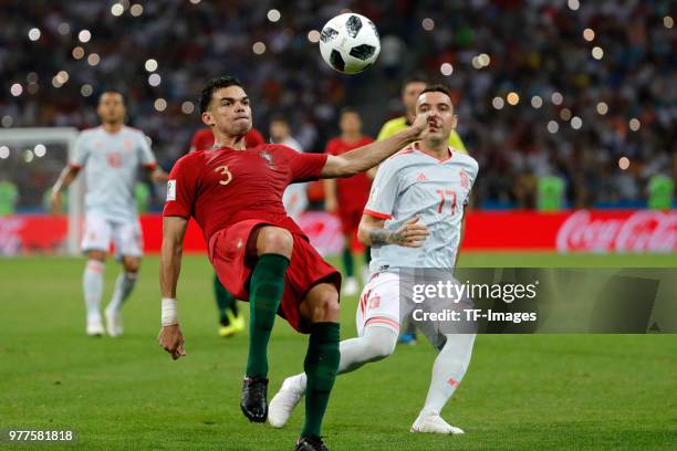 Pepe of Portugal and Iago Aspas of Spain battle for the ball during the 2018 FIFA World Cup Russia group B match between Portugal and Spain at Fisht...