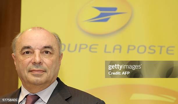 The CEO of the French state-run postal service, La Poste, Jean-Paul Bailly, poses during a press conference on March 11, 2010 in Paris to present the...