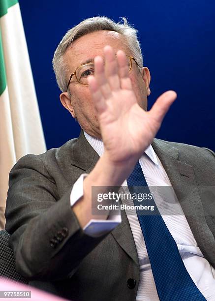 Giulio Tremonti, Italy's finance minister, gestures during a news conference following the meeting of European Union finance ministers, at the EU...