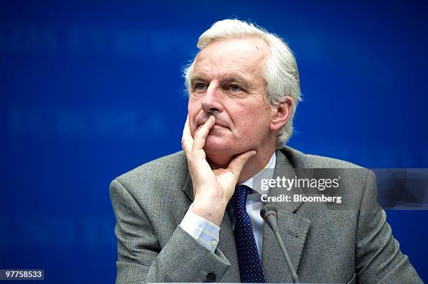 Michel Barnier, European Union internal market commissioner, pauses during the news conference following the meeting of European Union finance...