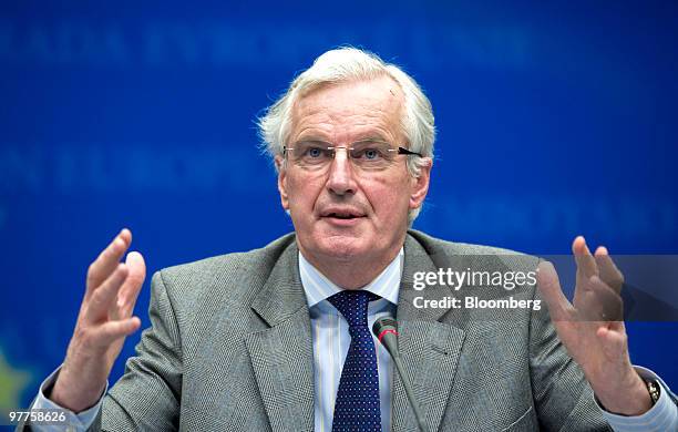 Michel Barnier, European Union internal market commissioner, speaks during the news conference following the meeting of European Union finance...