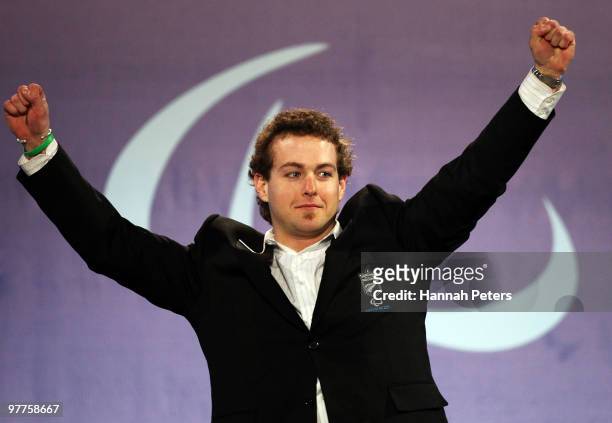 Gold medalist Adam Hall of New Zealand celebrates during the medal ceremony for the Men's Standing Slalom on Day 4 of the 2010 Vancouver Winter...