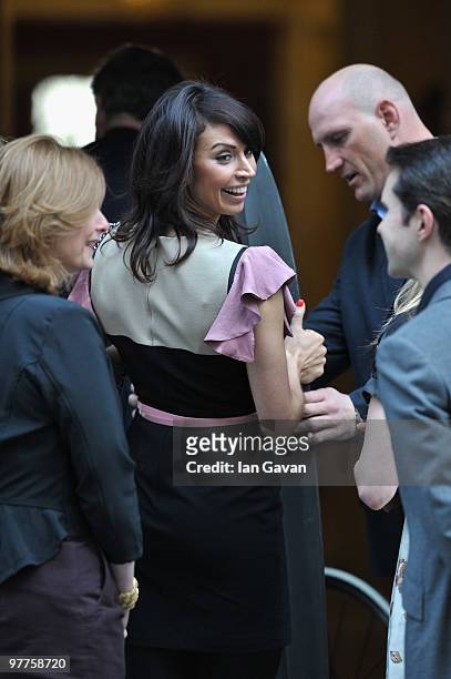 Sarah Brown, Christine Bleakley, Lawrence Dallaglio and Jimmy Carr attend a photocall for Sport Relief at 10 Downing Street on March 16, 2010 in...