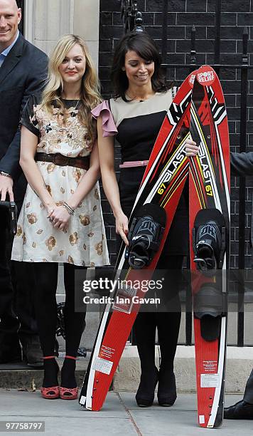 Fearne Cotton and Christine Bleakley attend a photocall for Sport Relief at 10 Downing Street on March 16, 2010 in London, England.