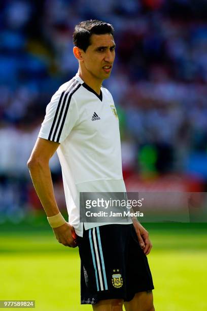 Angel Di Maria of Argentina warms up prior to the 2018 FIFA World Cup Russia group D match between Argentina and Iceland at Spartak Stadium on June...