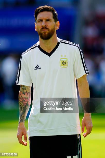 Lionel Messi of Argentina warms up prior to the 2018 FIFA World Cup Russia group D match between Argentina and Iceland at Spartak Stadium on June 16,...