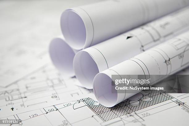 blue prints on a table with rolled blueprints - rolled up plans stock pictures, royalty-free photos & images
