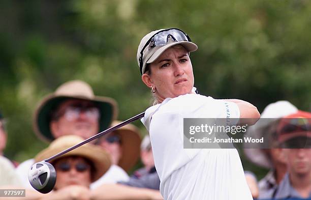 Karrie Webb of Australia tees off from the forth tee during the second round of the ANZ Australian Ladies Masters Golf at Royal Pines Resort on the...