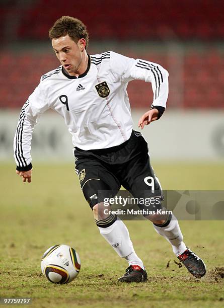 Fabian Baecker of Germany runs with the ball during the U20 friendly match between Germany and Switzerland at the Stadion an der Alten Foersterei on...