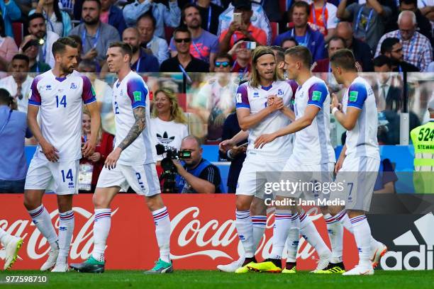 Alfreð Finnbogason of Iceland celebrates with teammates after scoring the first goal of his team during the 2018 FIFA World Cup Russia group D match...