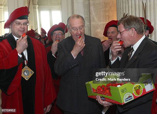 King Albert II of Belgium and members of the strawberry producers association try the first strawberries of the year at Laeken Castle on March 16,...