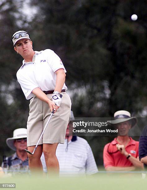 Karrie Webb of Australia plays the ball onto the third green during the second round of the ANZ Australian Ladies Masters Golf at Royal Pines Resort...