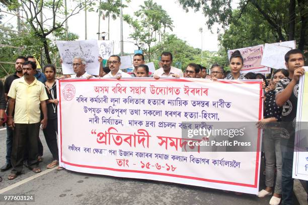 Member of Assam Association of Deaf taking out a rally demanding judicial inquiry of brutal killing of Luna Kalita and to stop all kind of murder and...