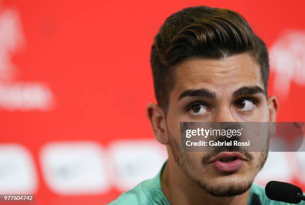 Andre Silva of Portugal speaks during the press conference at Saturn Training Center on June 18, 2018 in Kratovo, Russia.