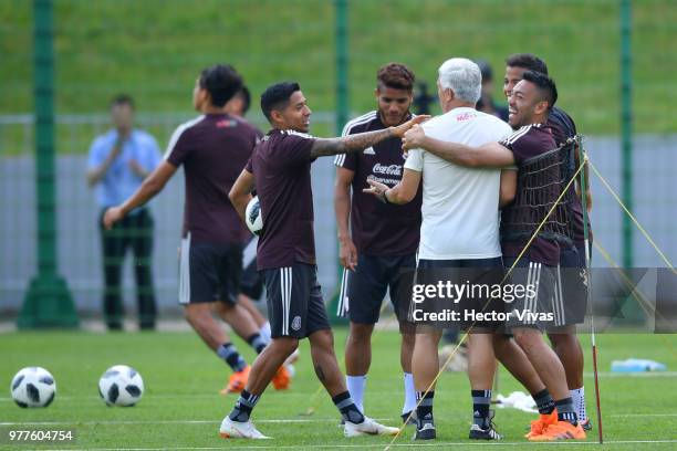 Javier Aquino, Jonathan dos Santos and Marco Fabian of Mexico, during a training session & Press conference at Training Base Novogorsk-Dynamo, on...