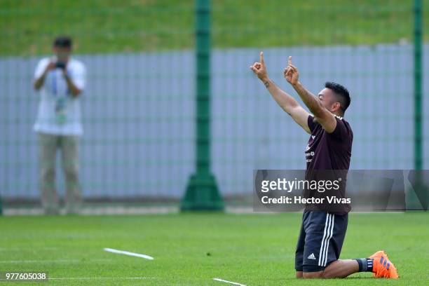 Marco Fabian of Mexico, gestures during a training session & Press conference at Training Base Novogorsk-Dynamo, on June 18, 2018 in Moscow, Russia.