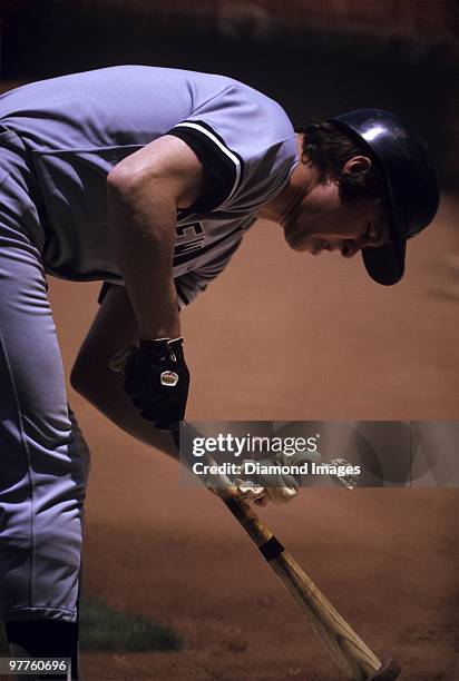 Outfielder Bobby Murcer of the New York Yankees applies rosin to the handle of his bat during the first game of a doubleheader on June 17, 1973...