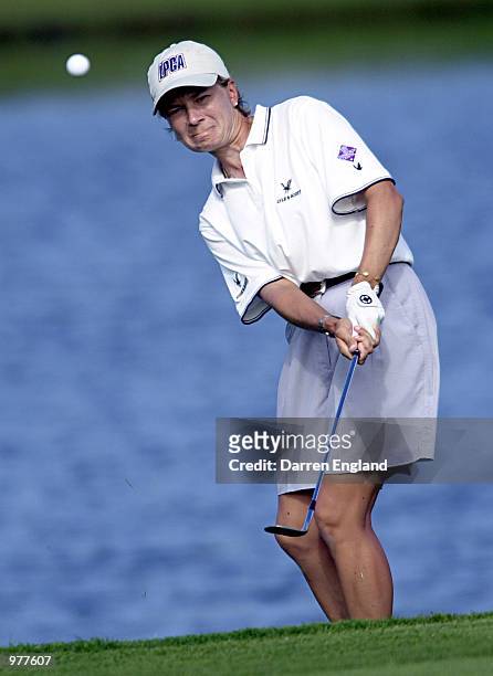 Catriona Matthew of Scotland chips onto the 16th green during the second round at the ANZ Australian Ladies Masters Golf at Royal Pines Resort on the...