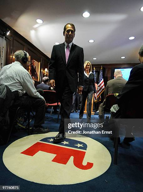 House Minority Leader Rep. John Boehner and Rep. Marsha Blackburn , depart following a news conference to unveil a new GOP television ad against...