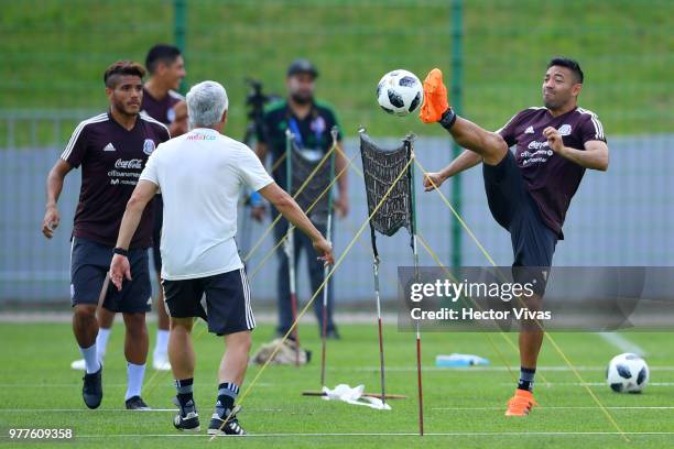 Marco Fabian of Mexico, kicks the ball during a training session & Press conference at Training Base Novogorsk-Dynamo, on June 18, 2018 in Moscow,...
