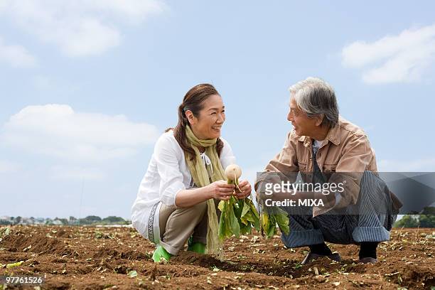 senior couple squatting on field - kanagawa stockfoto's en -beelden