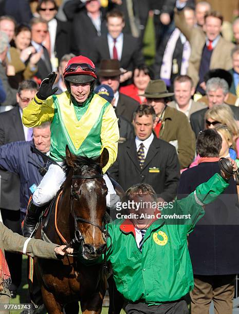 Sizing Europe and Andrew Lynch win The Irish Independent Arkle Challenge Trophy Steeple Chase at Cheltenham racecourse on March 16, 2010 in...