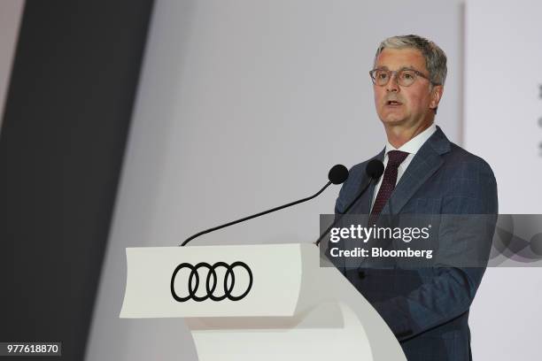 Rupert Stadler, chief executive officer of Audi AG, speaks during an opening ceremony for the company's new production plant in Puebla, Mexico, on...