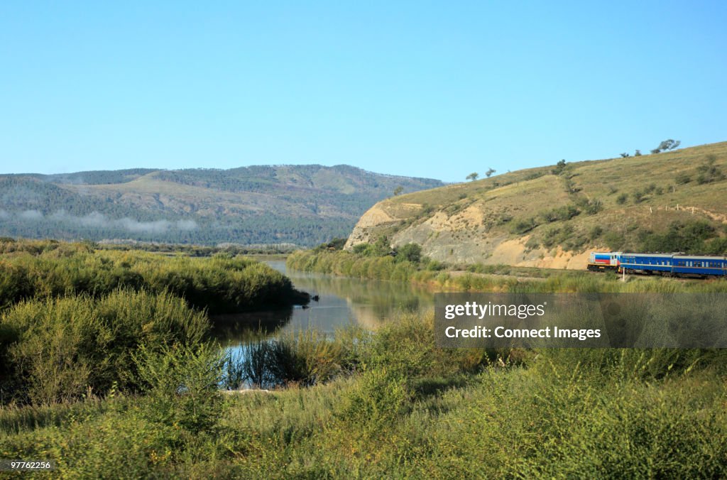 Landscape and trans-siberian express traveling towards mongolia