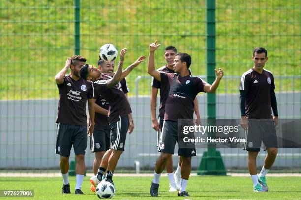 Javier Aquino and Giovani dos Santos of Mexico, struggles for the ball during a training session & Press conference at Training Base...