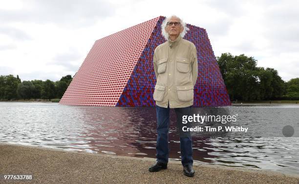 Artist Christo unveils his first UK outdoor work, a 20m high installation on Serpentine Lake, with accompanying exhibition at The Serpentine Gallery...