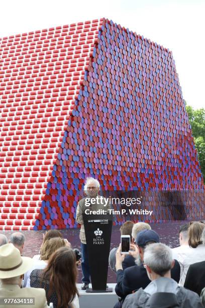 Artist Christo unveils his first UK outdoor work, a 20m high installation on Serpentine Lake, with accompanying exhibition at The Serpentine Gallery...