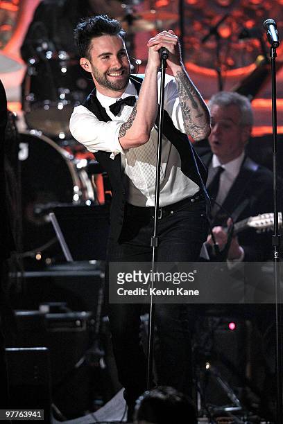 Adam Levine of Maroon 5 performs onstage with The Hollies at the 25th Annual Rock and Roll Hall of Fame Induction Ceremony at Waldorf=Astoria on...