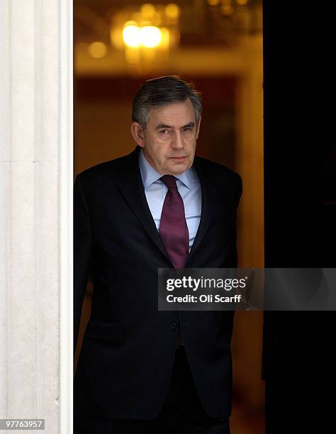 British Prime Minister Gordon Brown departs Number 10 Downing Street to greet Turkish Prime Minister Recep Tayyip Erdogan on March 16, 2010 in...