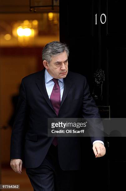 British Prime Minister Gordon Brown departs Number 10 Downing Street to greet Turkish Prime Minister Recep Tayyip Erdogan on March 16, 2010 in...