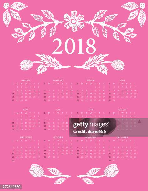 linolschnitt block floral 2018 kalender drucken - floral calendar 2018 stock-grafiken, -clipart, -cartoons und -symbole