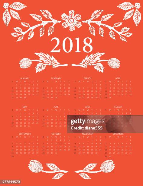 linolschnitt block floral 2018 kalender drucken - floral calendar 2018 stock-grafiken, -clipart, -cartoons und -symbole