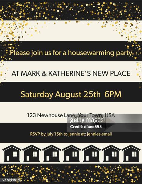 housewarming party invitation with striped and gold glitter - house warming stock illustrations