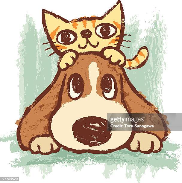 sketch of kitten and dog - cat on top of dog stock illustrations