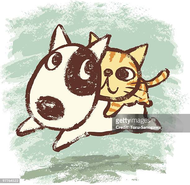 bullterrier and kitten - cat on top of dog stock illustrations
