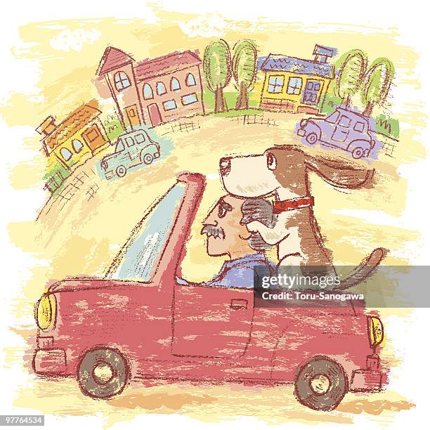 hound that has gotten on car - man driving car side view stock illustrations