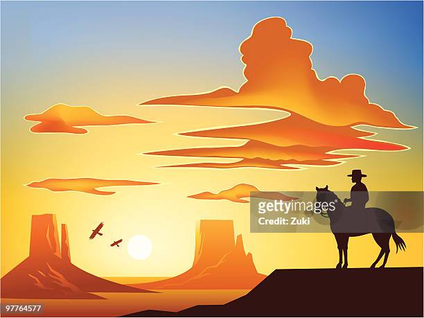 ilustraciones, imágenes clip art, dibujos animados e iconos de stock de cowboy a caballo con vista al valle monumento - formación de roca
