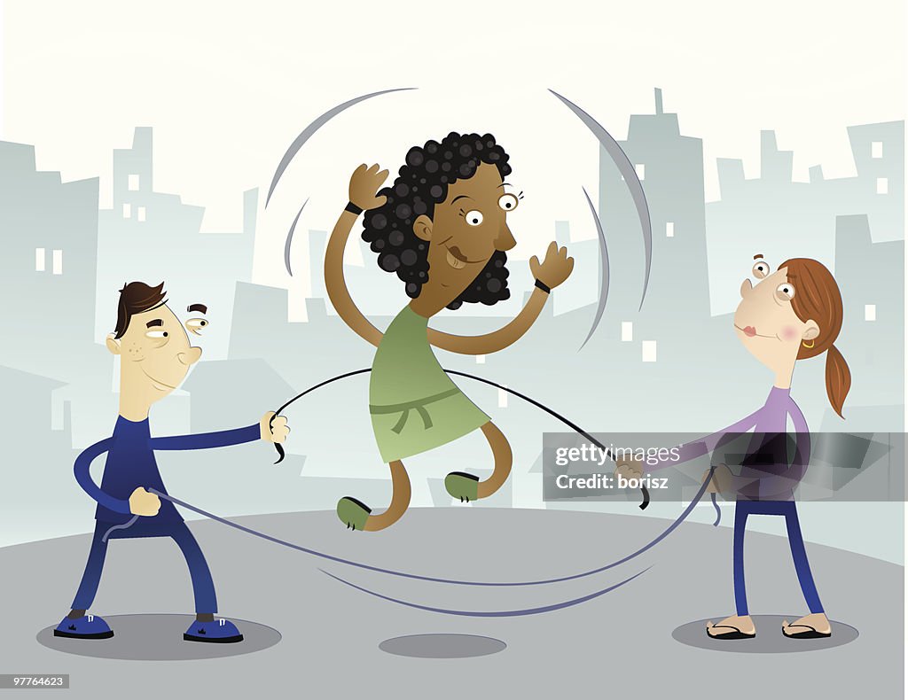 Three Children Playing with Double Dutch Skipping Rope